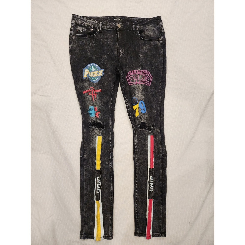 Cooper 9‎ Los Angeles Jeans Mens Size 36 Black Distressed Skinny Painted Denim